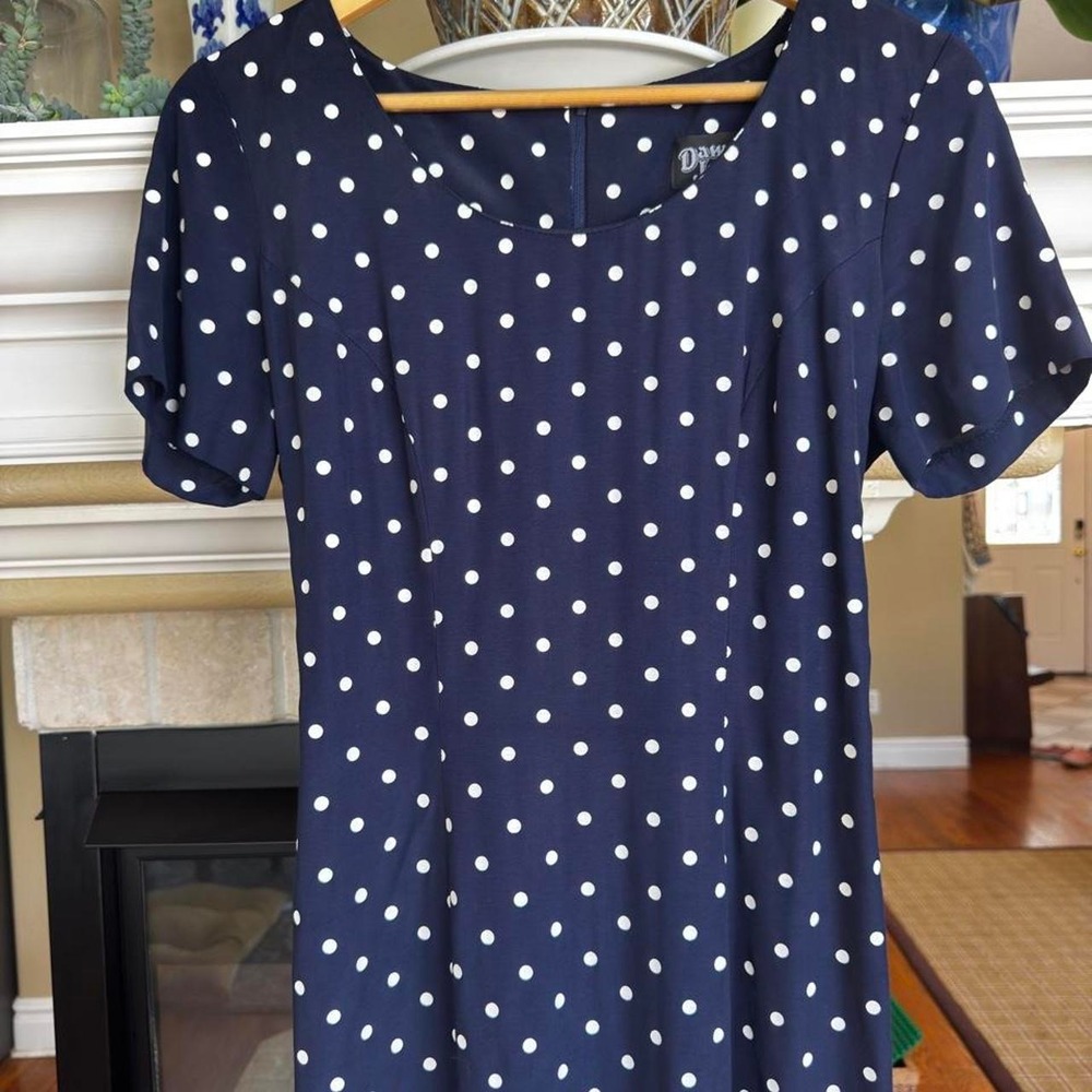 Vintage 90s Dawn Joy Navy & White Polka Dot Maxi Dress - Picture 2 of 4